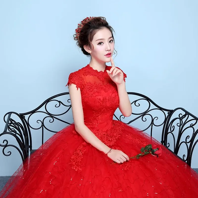 It's Yiiya Wedding Dress Red Bling Tulle Embroidery O-neck Lace up Princess Floor-length Plus size Cheap Bride Ball Gowns XN012