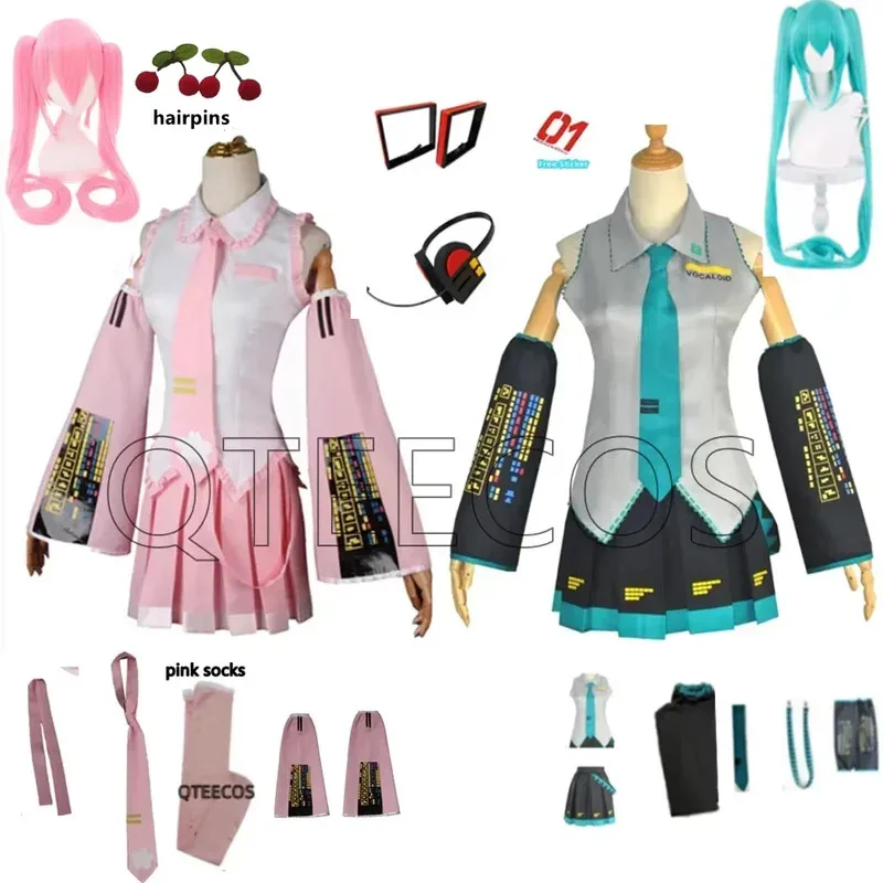 2025 aaa 빌리빌리 미쿠 코스프레 의상 미디 탑 스커트 세트 애니메이션 할로윈 카니발 파티 드레스 무료 핑크 양말