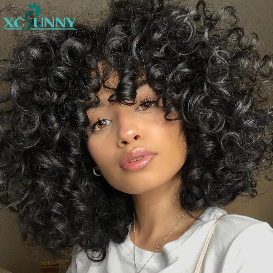 Bouncy Curly Human Hair Wig With Bangs Pixie Cut Bob Wigs Romance Curl Human Hair Wig Full Machine Made Scalp Top Wig For Women