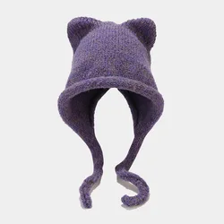 VISROVER New 6 Colors Unisex Solid Color Women Winter Hat With Long Cat Ear Warm Wool Beanies Acrylic Female Skulli Gift