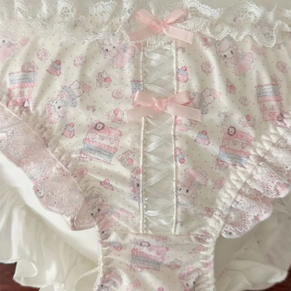 Atmungsaktive Kawaii-Spitzen-Schleifen-Slips mit Baumwoll-Zwickel, niedriger Bund, Lolita-Stil, bequeme, süße Rüschen-Slips für den Alltag, Mädchen – Detail 9