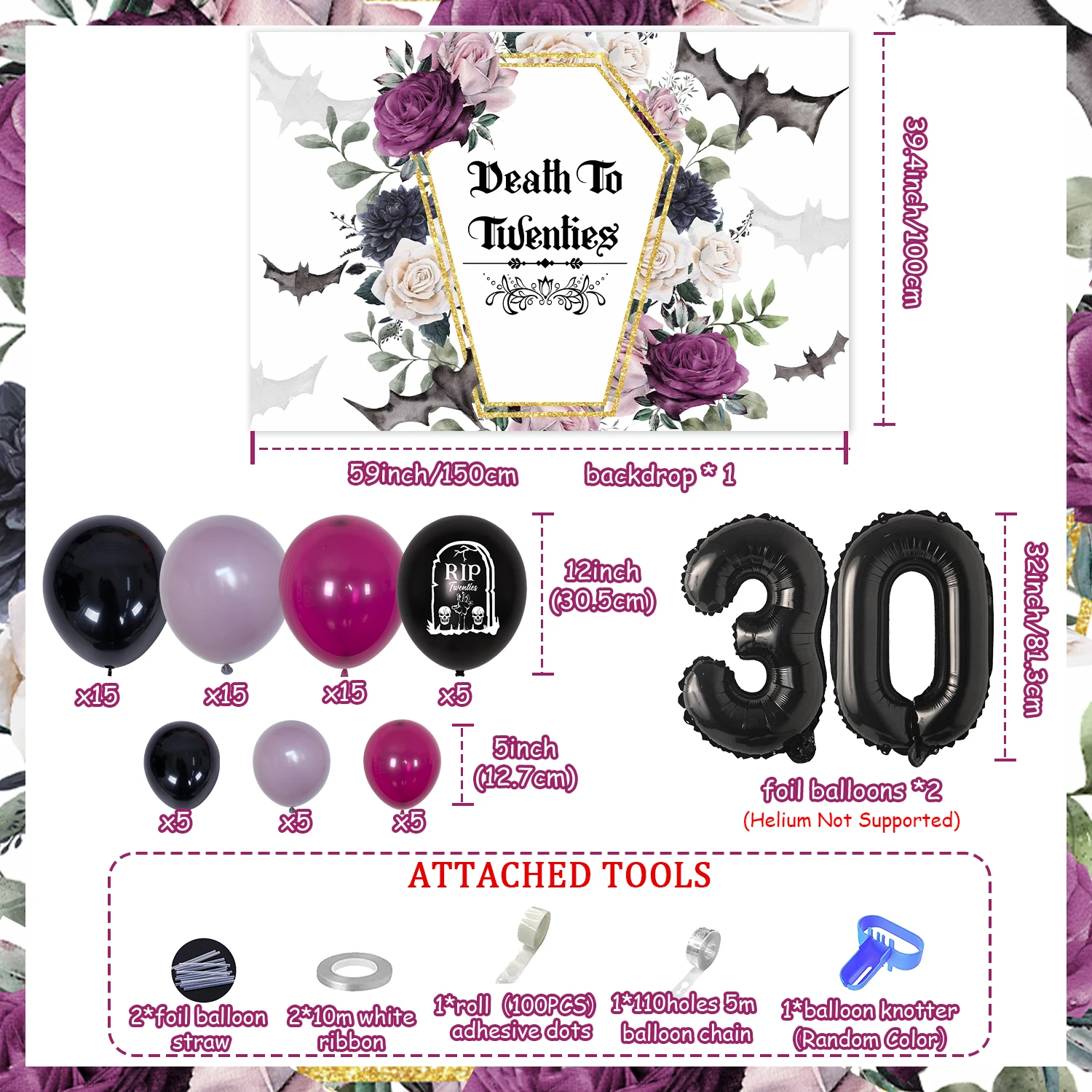 30th Birthday Party Decor Floral Death To Twenties Backdrop Balloon Garland Kit for Funeral Rip ToMy 20s Birthday Party Supplies