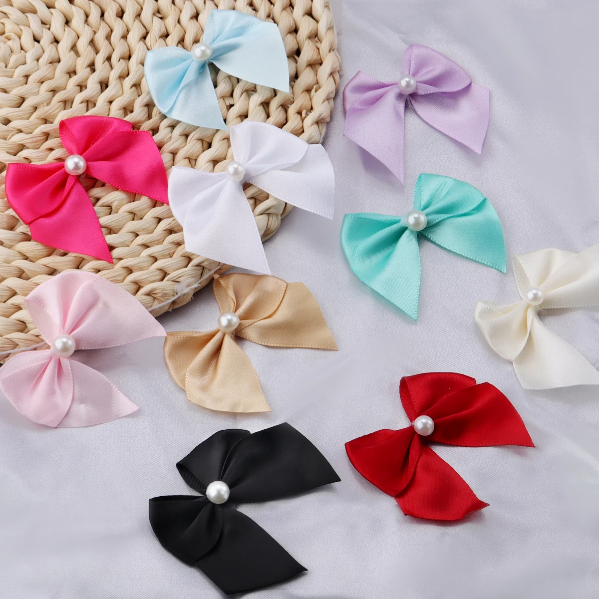 20Pcs/Lot 5.5*6cm Polyester Satin Ribbon Bows With Half Round Bead Handmade For DIY Sewing Crafts Handwork Party Wedding Decor