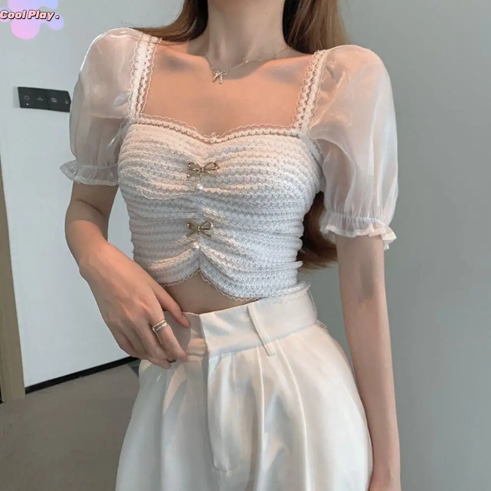

Pleated Puff Sleeve Crop Top Spicy Girl Style Knitwear Lace Bow Knit T-shirt Female Clothing Slim Fit Sweet Top Women Female
