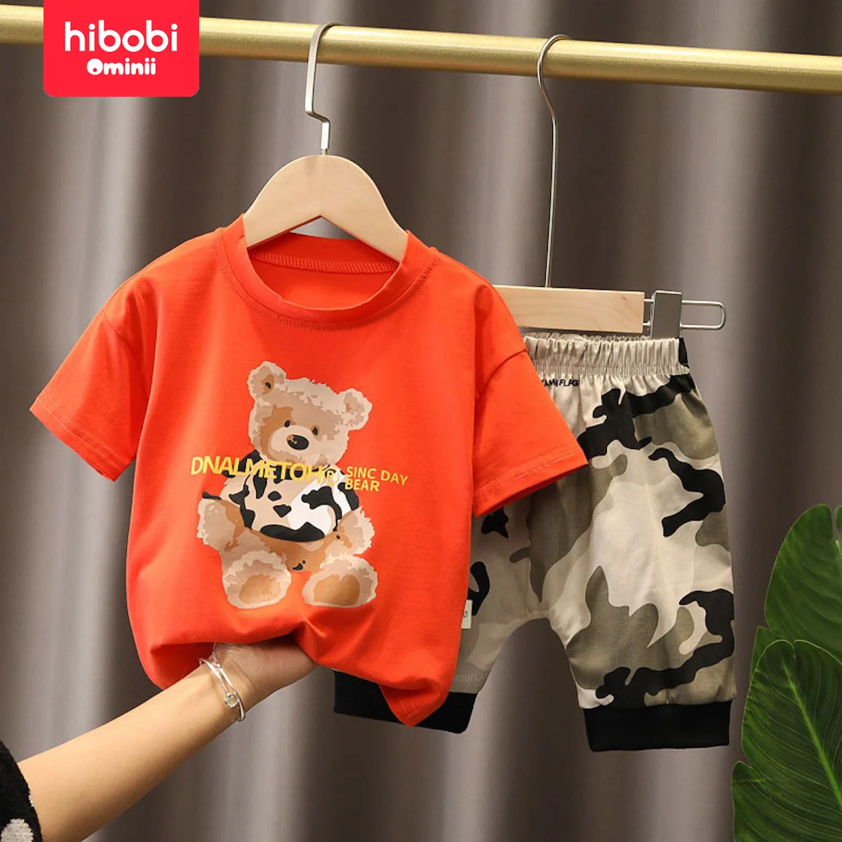 hibobi Two-Piece Set Boys Clothes Summer Fashionable Baby Clothes Children Summer Cartoon Bear Print Round Neck Short-Sleeved