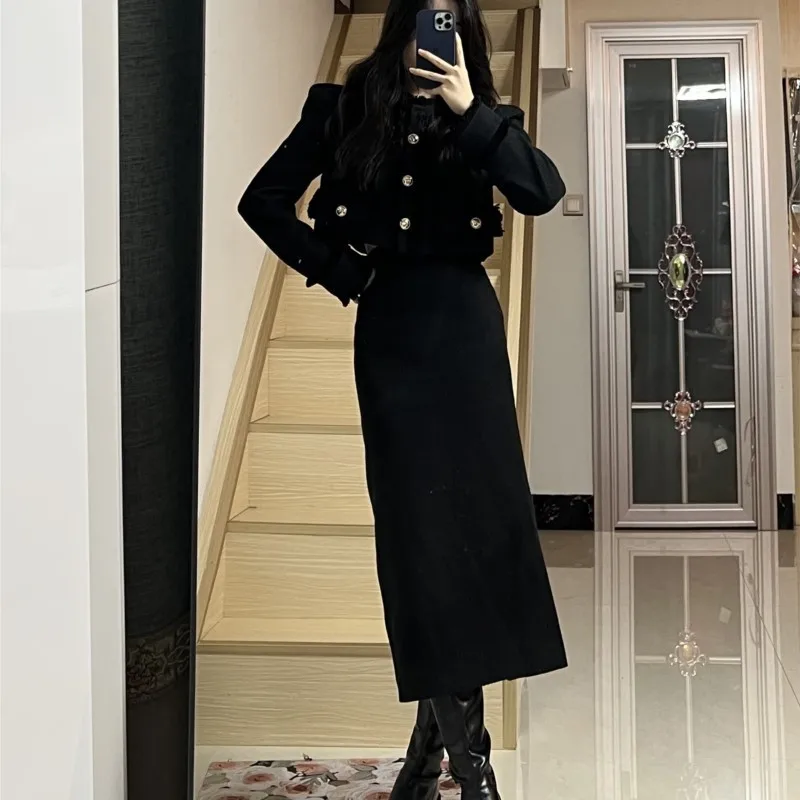 Korean Fashion Elegant Luxury Two-piece Skirt Sets Women Crop Jacket Coat Bodycon Midi Skirt Autumn Winter New Female Outfits