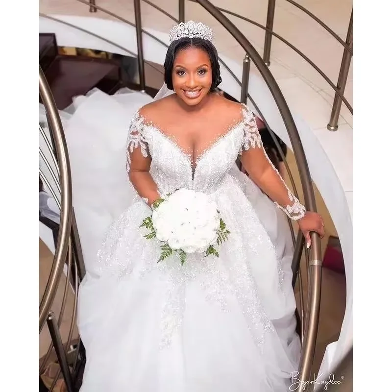 Customized New Arrival Sequins Luxury Long Sleeves Ball Gown Wedding Dresses Crystals Vintage Mermaid Bridal Gowns Removable Tra