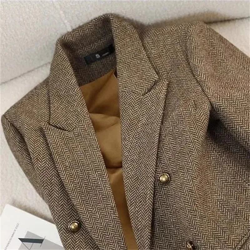 بليزرات نسائية متعرجة من مزيج الصوف مع جيوب رفرف لسيدة المكتب سترة مزدوجة الصدر بأكمام طويلة ملابس خارجية #5