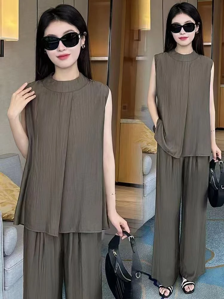 

Модный повседневный женский комплект из двух предметов: топ без рукавов и брюки с высокой талией и широкими штанинами, круглый вырез, длинные брюки, бренд Phx