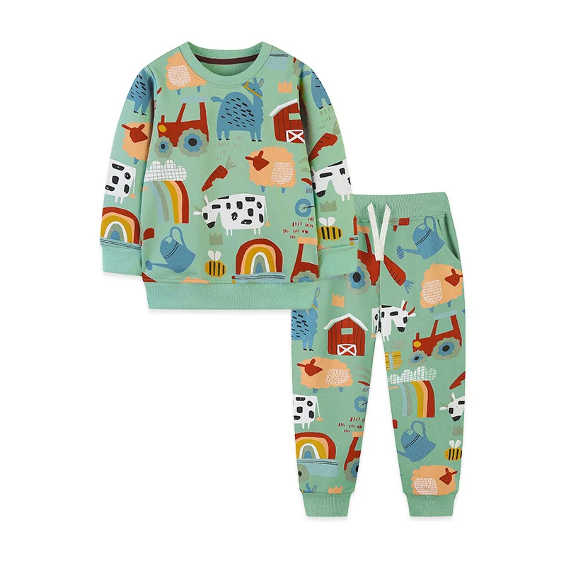 Toddler Boys 2Pcs Clothes Set 100% Cotton All Over Print Farm Animal Rainbow Sweatshirt Jogger Pants Kids Casual Tracksuit