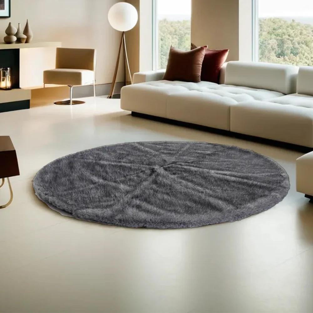 Superior Luxury GreyLong Fur Fox Fur Carpet Soft and Comfortable Circular Floor Mat Rug for Kids Soft Skin Living Room Rug