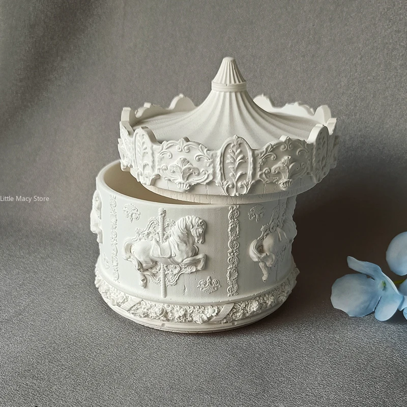 Carousel Sculpture Gypsum Jewelry Box Aromatherapy Candle Box Cover Fragrant Stone Box White Embryo Decorative Ornament