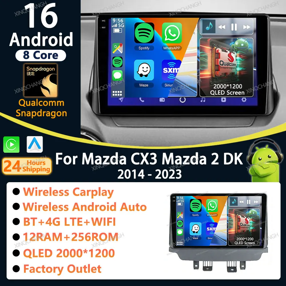 Radio para Auto con Android 16 y Carplay para Mazda CX-3 DK Mazda 2 DJ 2014-2023, Kit de Panel de Montaje, Unidad Principal, Reproductor de Audio y Video