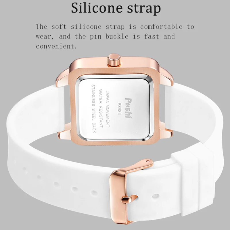 POSHI Luxury Women\'s Watch Original Quartz Watch Silicone Strap Waterproof Square Ladies Wristwatches Clock for Women Female