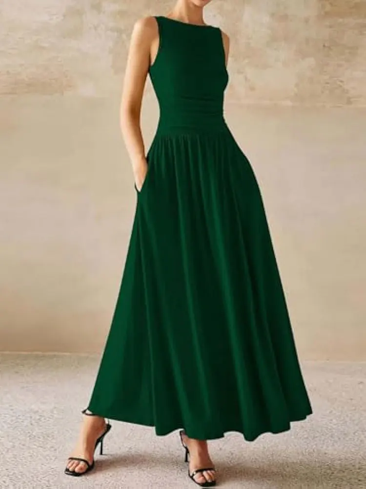 New Shimmering Sleeveless Festive Red Dress High-Waisted Flowy Full-Skirted Women Clothes Summer Pockets Evening Long Dresses