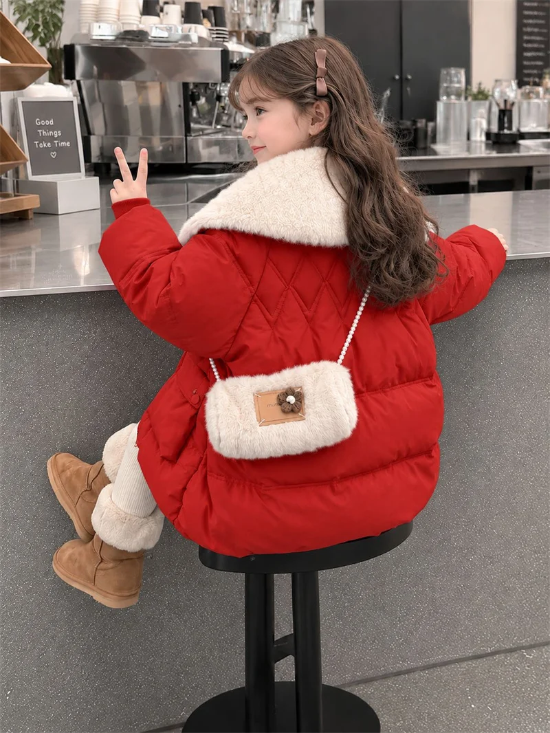 Girls Winter Down Coats Kids Bow Warm Jackets With Turn-up Collars Children Cute Thick Plush Windproof Thermal Outerwear 5-14Y 2