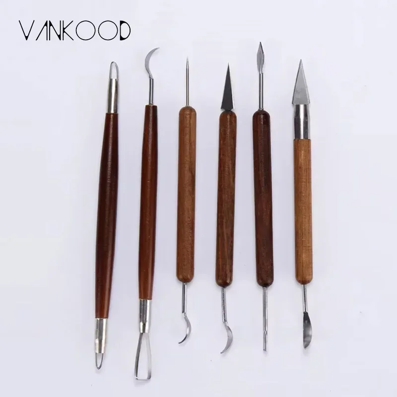 6Pcs Wooden Handle Clay Sculpting Tools Set Ceramic Carving Tools Smoothing Wax Pottery Molding Carved DIY Tool