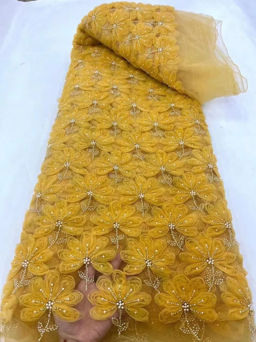 

African Lace Fabric 2024 Luxury High Quality French 3D Flower Sequins Embroidery Beads Tulle Lace Fabric For Party Dress 5 yards
