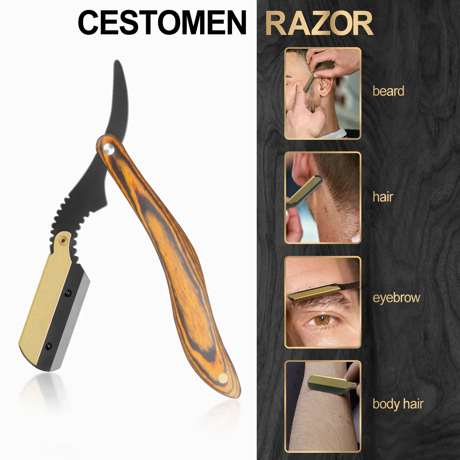 Ergonomic Wood Handle Edge Straight Razor Holder Premium Steel Blades Smooth Hair Removing Razor Men Beard Cut Grooming Razor