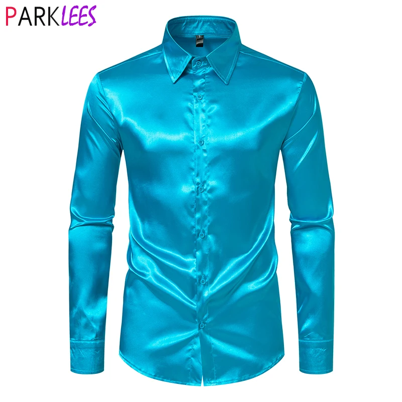 Luxury Shiny Blue Silk Satin Dress Shirts Men 70s Disco Party Prom Shirt Long Sleeve Casual Smooth Tuxedo Shirt Chemise Homme