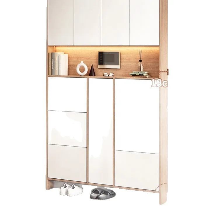 Solid wood tipping bucket shoe cabinet, entrance cabinet integrated against the wall, high vertical new model 2025 at the door o