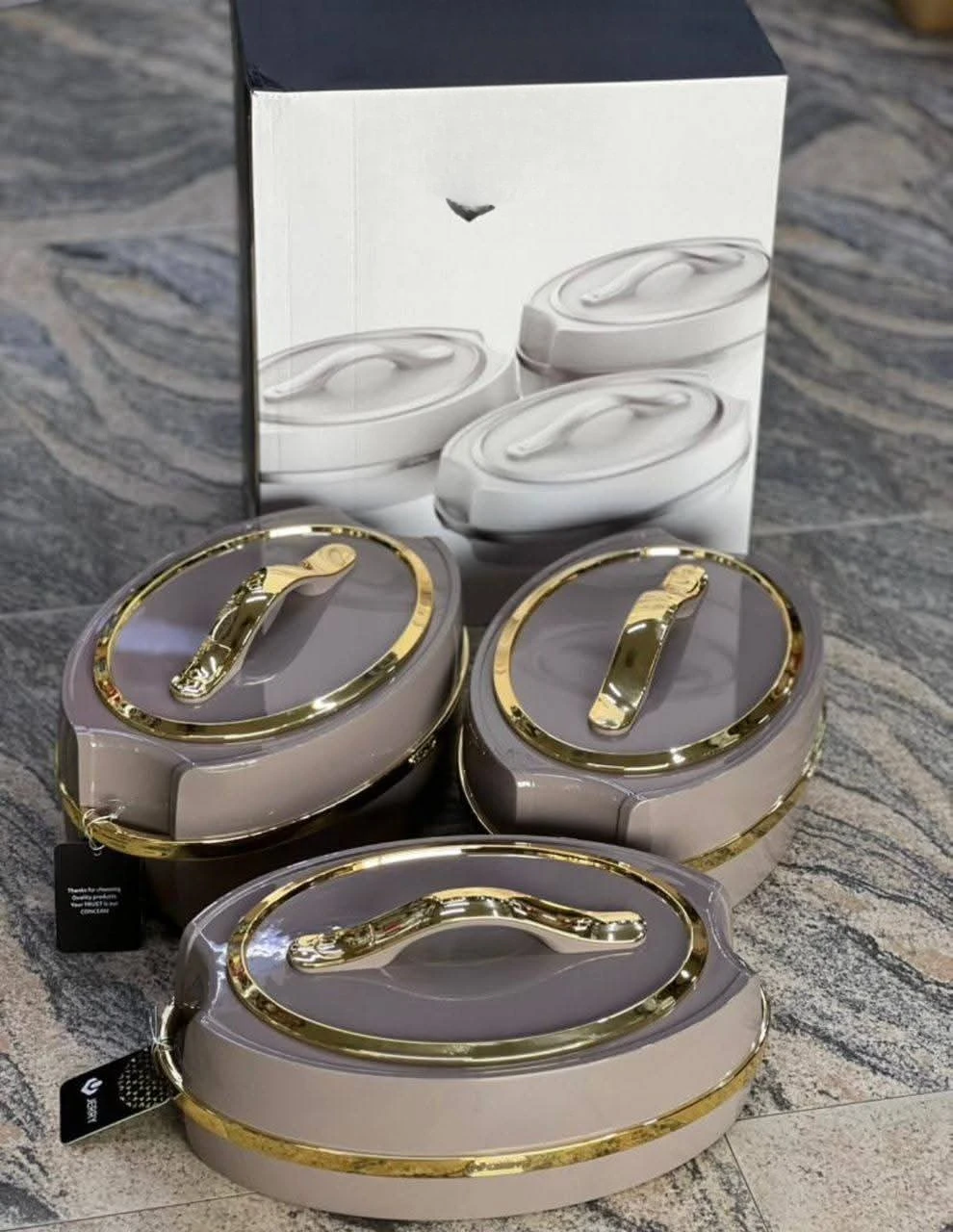 Elegant Platinum Insulation Casserole 3-piece Set 2L 2.5L 3L Stainless Steel Hot Pot Insulator with Royal Pattern Design