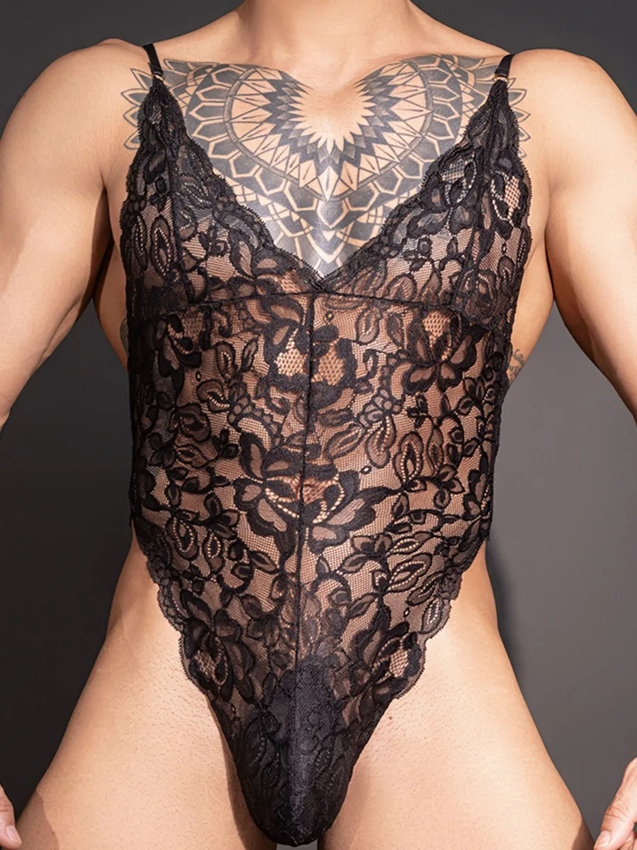 New Lace Trim Men's Sexy Bodysuits SM Sheer Hot Transvestite Sexy Bodysuits Backless Deep V Suspenders Sleeveless Bodysuits PBVQ