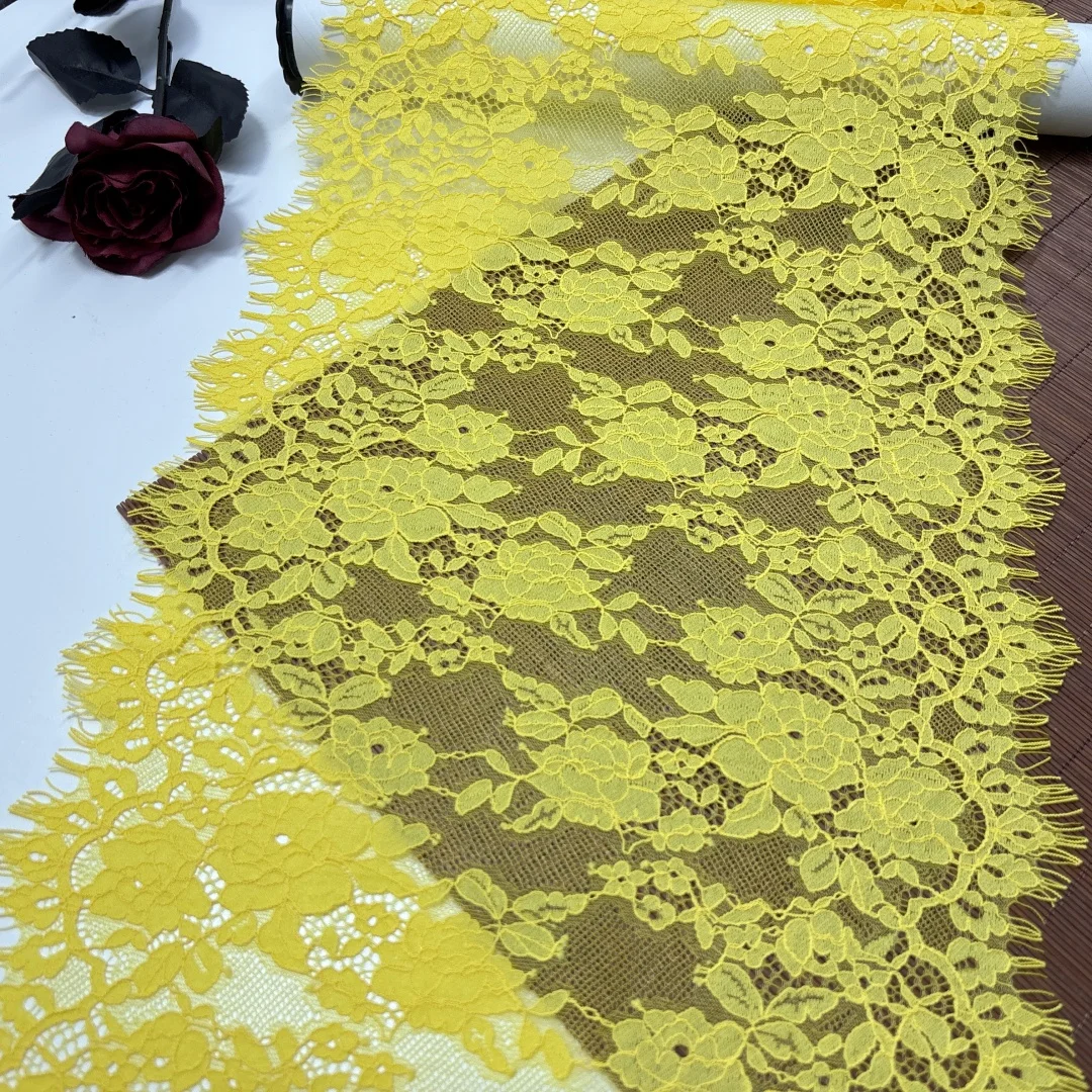 

Golden Yellow Chantilly Bridal Lace Fabrics Floral Embroidered Eyelash Lace Trim Wedding Dress Lace Accessories Lingerie Crafts