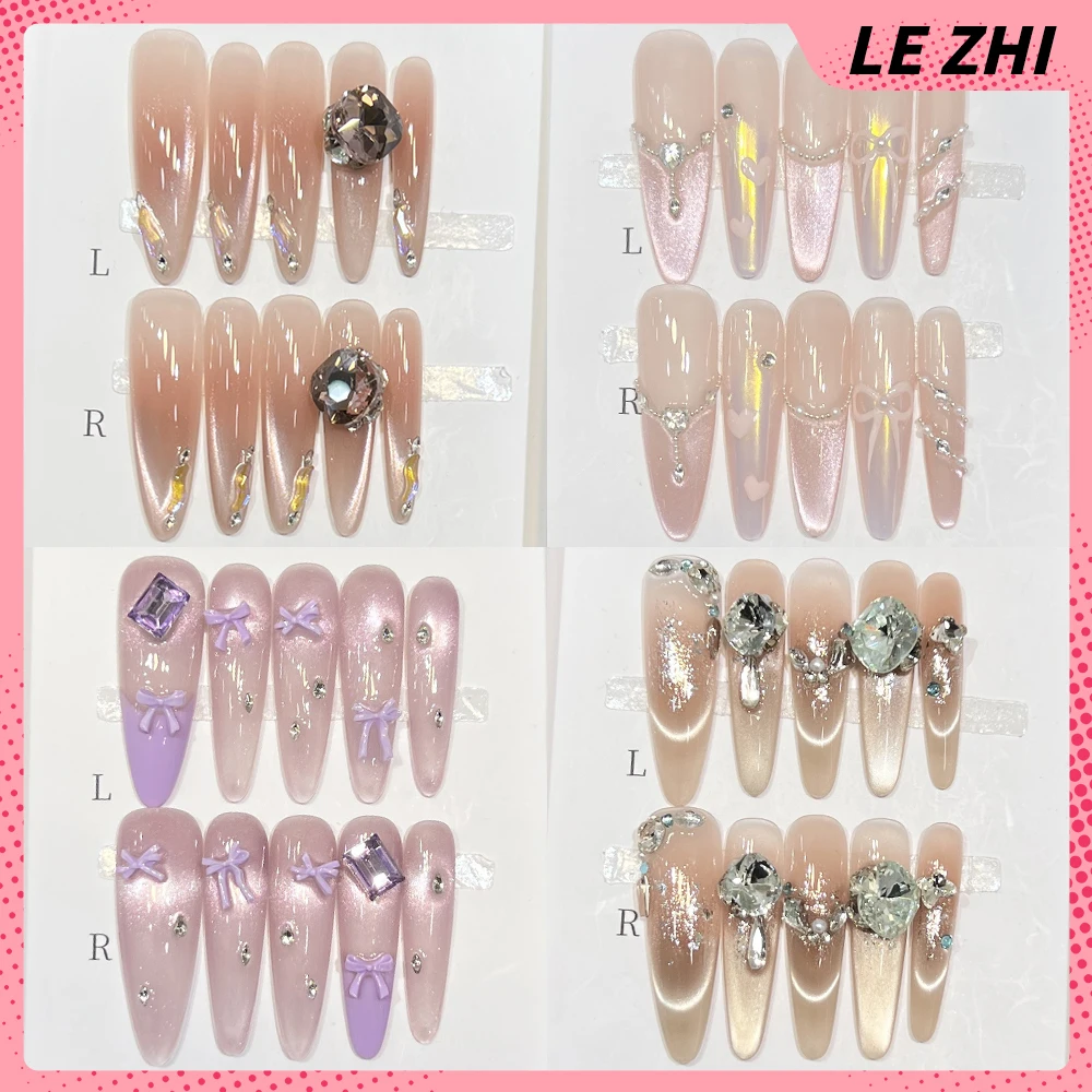 

10Pcs Sweet Gentle Long Stiletto Coffin Handmade Press On Nails Glitter Diamond Pearl Bowknot Cat Eyes Removable Fake Nail