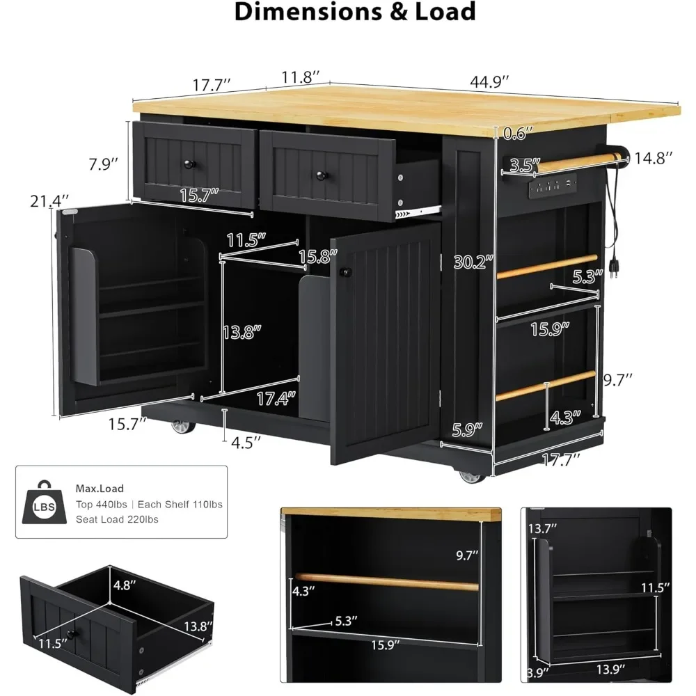 Rolling Kitchen Island with Drop Leaf & Power Outlet, Large Kitchen Islands Cart on Wheels, Movable Kitchen Island with 5 Open S