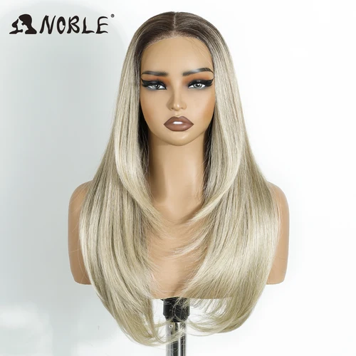 Imagen 2 del producto Peluca con malla frontal sintética Noble, peluca de encaje recta de 24 pulgadas, marrón ombré 6x4, pelucas sin pegamento prearrancadas y Go para mujer