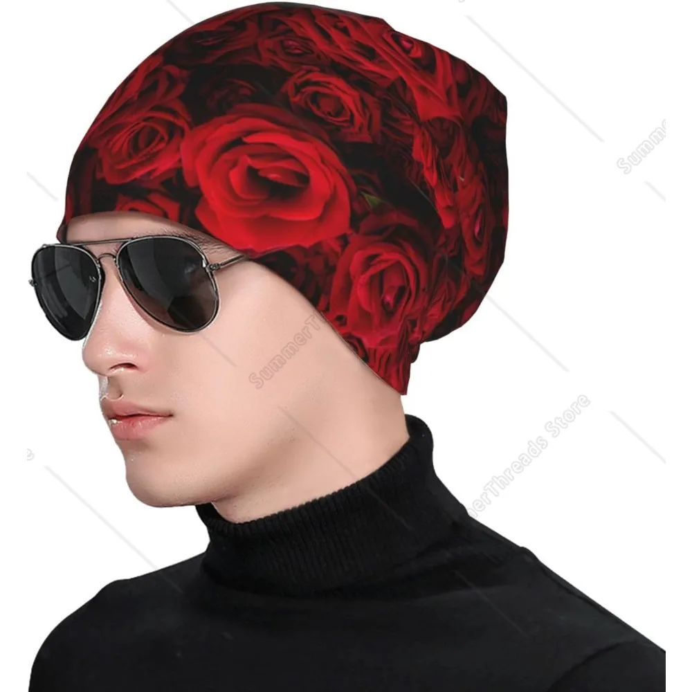 Red Rose Flower Beanie Skull Cap Chemo Hat Cancer Headwear Knit Hat Scarf Nightcap for Women Men