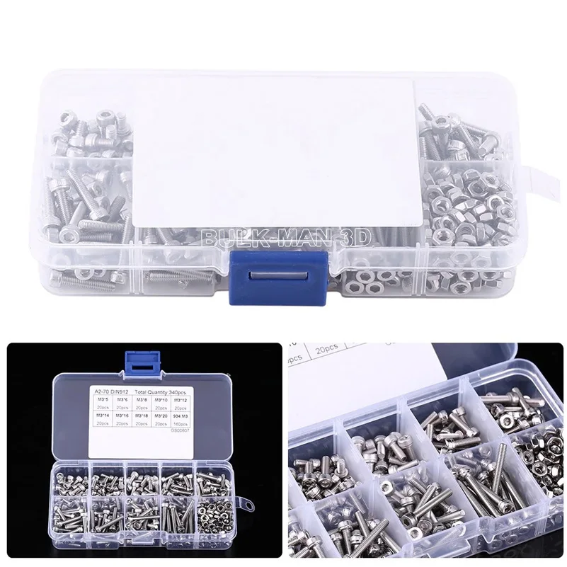 

340pcs/Set M3 Stainless Steel SS304 A2-70 DIN912 Hex Socket Cap Head Screws Nuts Assortment