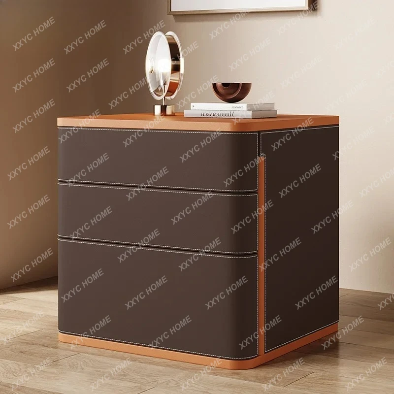 Creative and simple modern three-layer all-solid wood bedside table saddle leather