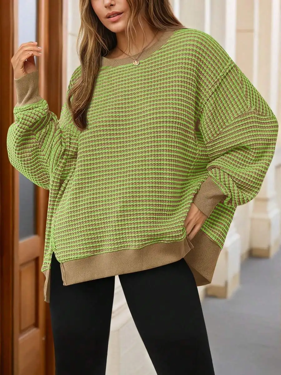

Women's Fall Y2K Oversized Outdoor Sweatshirt, Casual Waffle Knit Long Sleeve Top, Split Hem Tunic Pullover For Hiking Camping