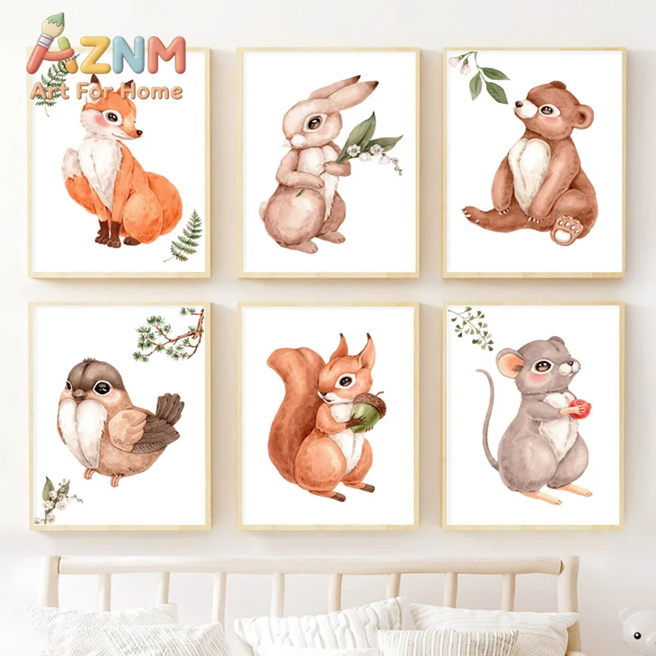 Watercolor Woodland Animal Nursery Wall Art Forest Creature Canvas Prints Cute Fox Bunny Posters Gender Neutral Baby Room Dec