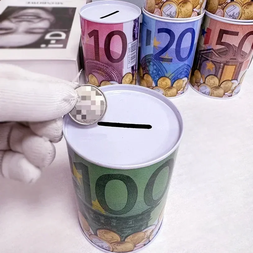 Hucha cilíndrica de hojalata con bandeja para monedas, reutilizable para el hogar, tanque de almacenamiento, caja de ahorro infantil con diseño de euro