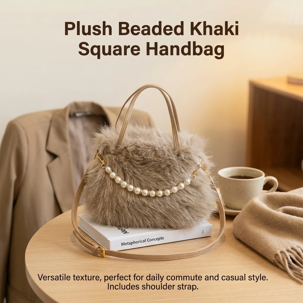 Women's Faux Fur Beaded Handbag Small Square Design Versatile Commuter Crossbody Bag
