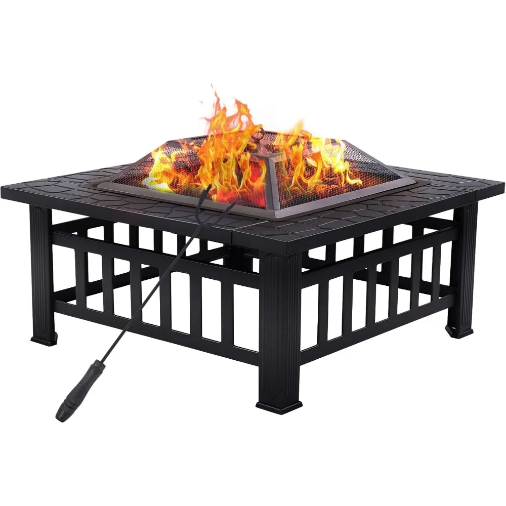 

32 Fire Pit Square Wood Burning Outdoor Firepit Includes Fire Poker and Cover, for Outdoor Heating, Garden, Backyard