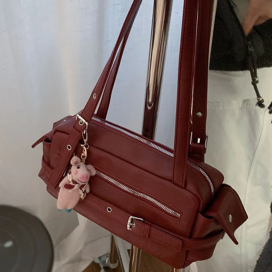 American Retro PU Leather Punk Multi Pocket Large Capacity Storage Bag Crossbody Bags Shoulder Bag Handbag Woman Bags