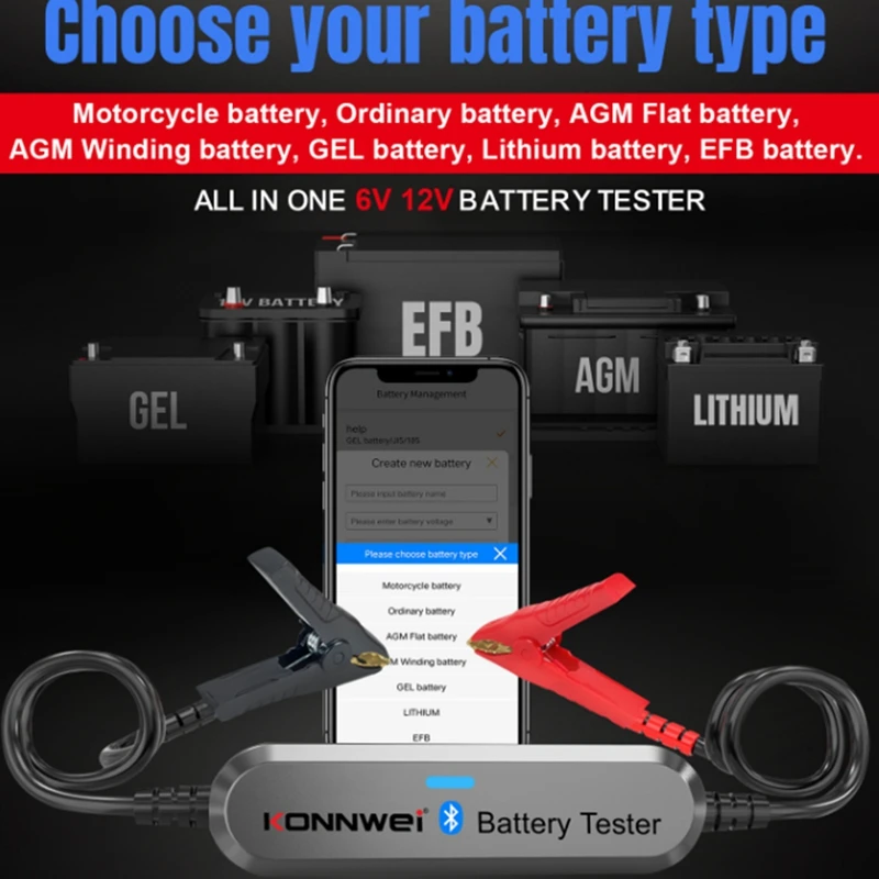 Konnwei BK100 Car Wireless BT Battery Tester 100-2000 CCA 6V 12V Battery Detector Battery Cranking Charging Analyzer