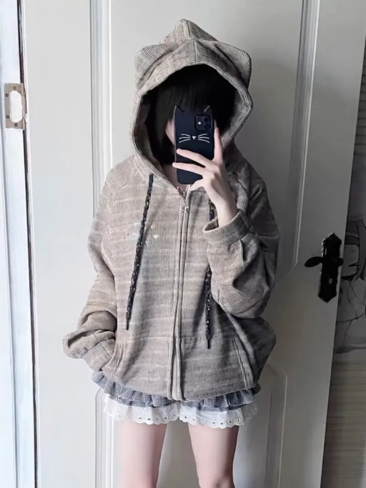 Japanese Kawaii Star Patchwork Hoodies Women Cute Ears Striped Zipper Sweatshirts Y2k Aesthetic Coats Loose Grunge Hoody Jacket