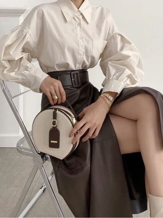 

Ele Chic irt с фонариками и высокой талией из искусственной кожи с одной пуговицей, разделенная юбка с высокой талией для женщин