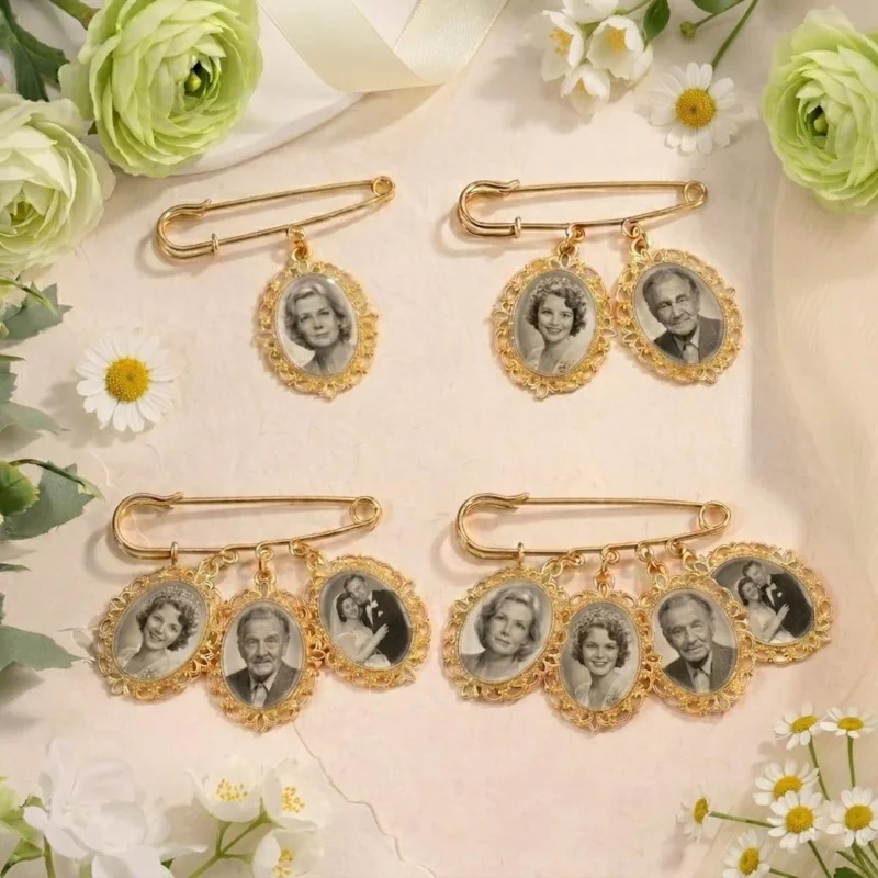 1-4 customised photo wedding ornaments, keepsake bride bouquet pendants, groom commemorative pins, wedding souvenirs