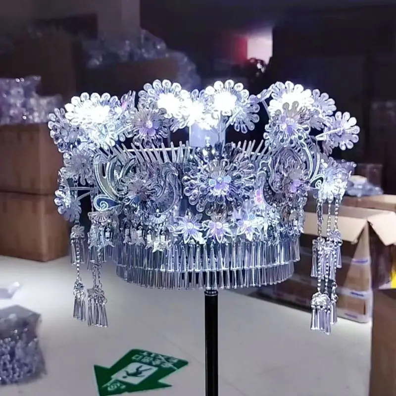 Metal Miao Silver Hat Female Ethnic Minority Headdress Tassel Headwear Stage Performance Headgear Carnival Festival Dancer Wear