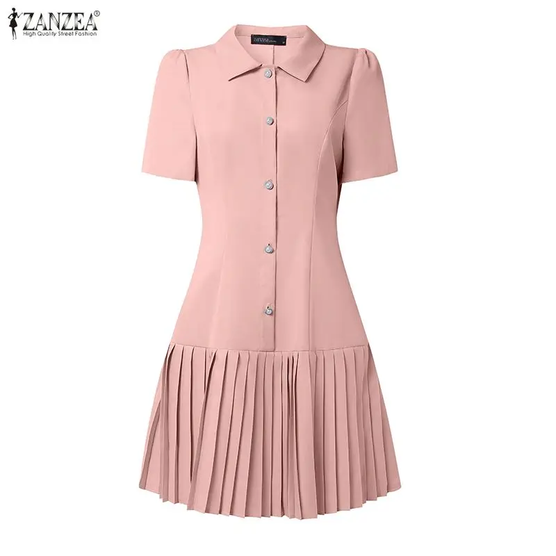 Vestido corto plisado elegante para mujer, vestidos de corte en A con cuello vuelto y media botonadura, manga corta, ZANZEA, vestidos minimalistas lisos para mujer