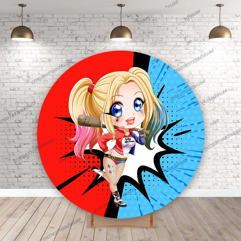 Harley Quinn Birthday Party Photo Backdrop Round&Cylinder Cover Photo Background Baby Shower Photography Backdrop