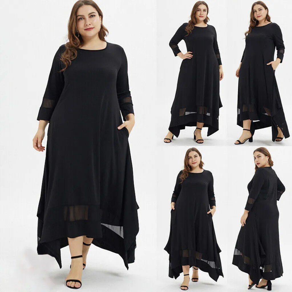 Large Size Round Neck Muslim Dress Classic Simple Solid Loose Long Sleeve Patchwork Dresses With Pockets All-Match Comfy Dress