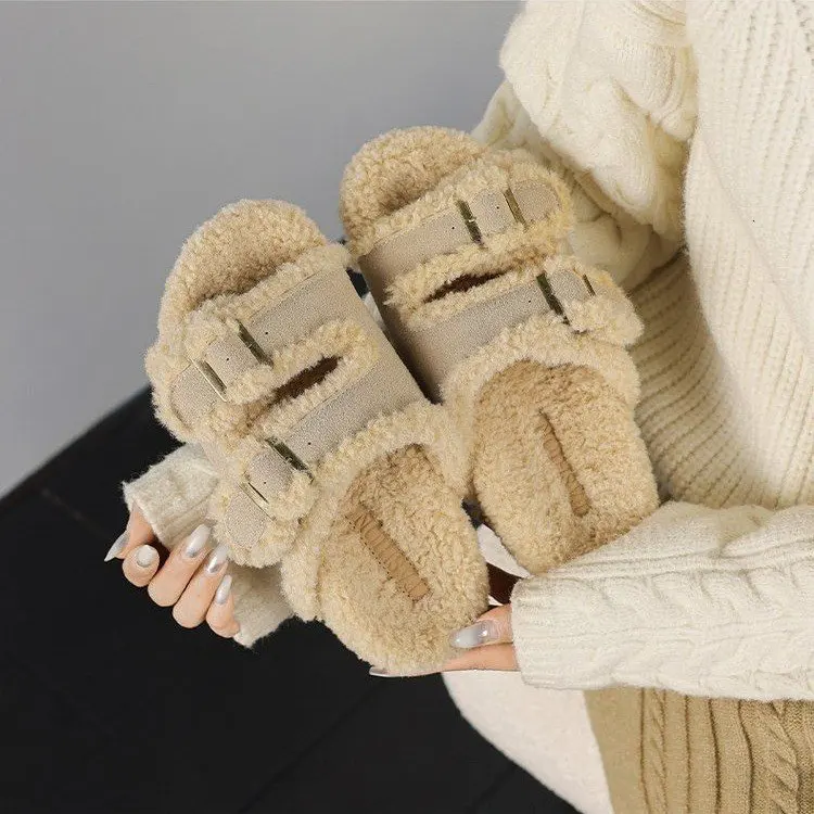 

Thick Soled One Button Hairy Slippers for Women Versatile with Plush Added, Plush Lazy Slippers with Plush Added, Warm Slippers
