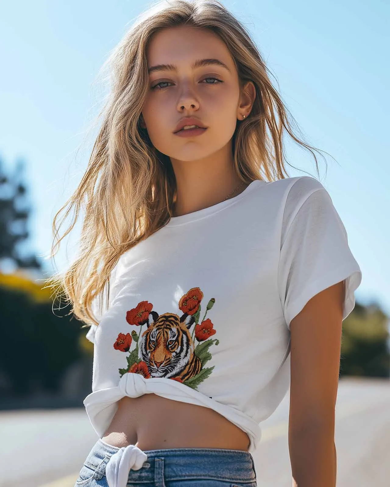 Line Style Tiger Poppy Flower T-Shirt Lover Gift Sweatshirt Fitness T-shirt Short Sleeve O-neck Clothing Tops